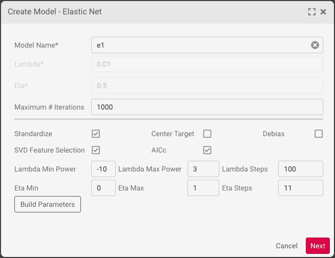 Elastic Net Parameters