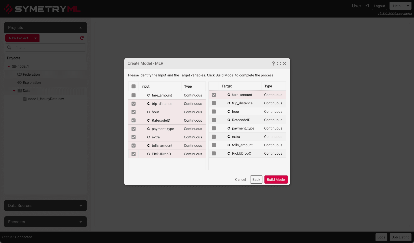 Federation Node 1: Select Input & Target variables, and build the model